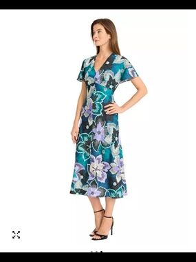 Maggy London Teal and Purple Floral V-Neck Midi Dress